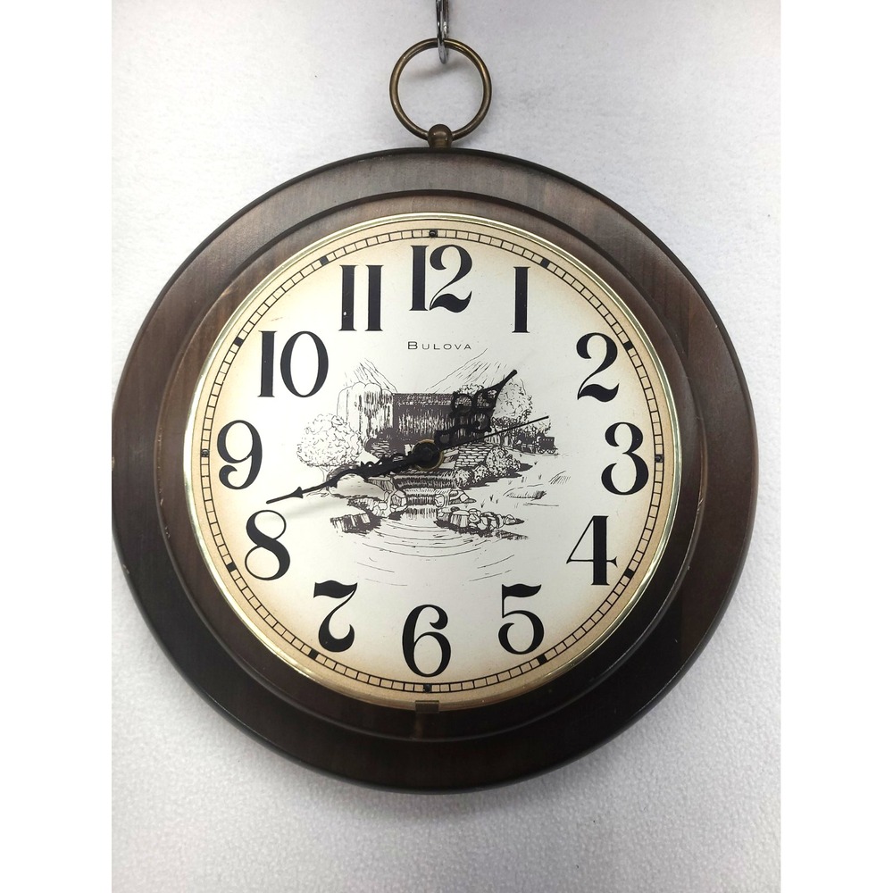 Bulova Quartz Vintage Wall Clock Wooden Round 13.5 Inch Vintage